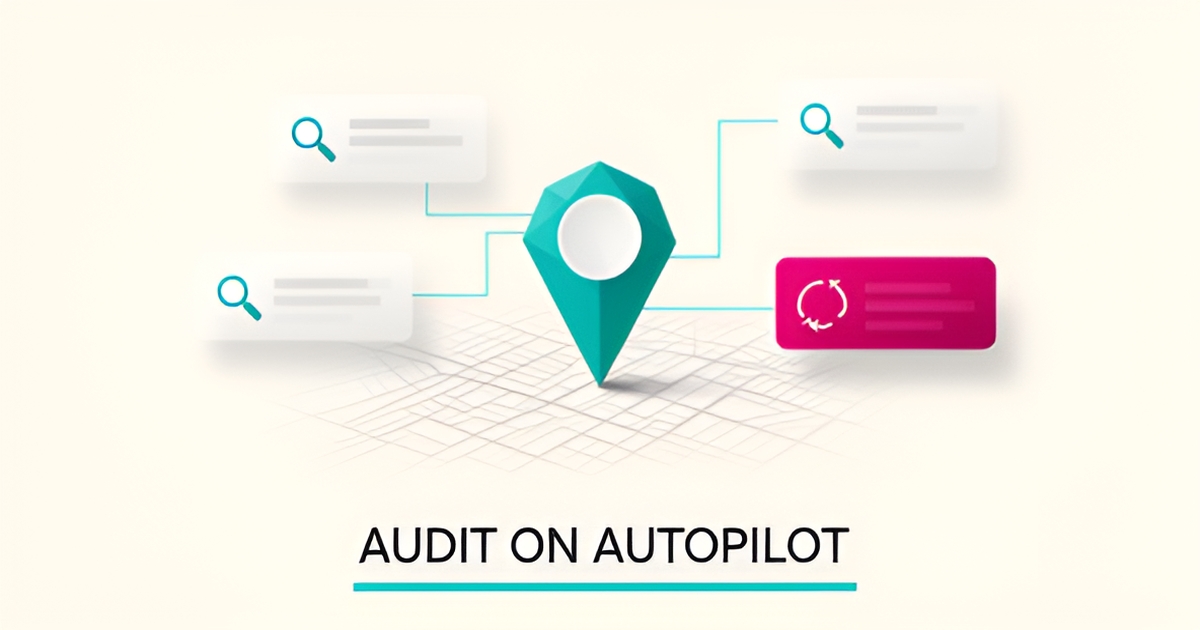 Flat illustration of a map pin linked to AI audit dashboard cards with ranking bars in teal and magenta, headline Audit on Autopilot.